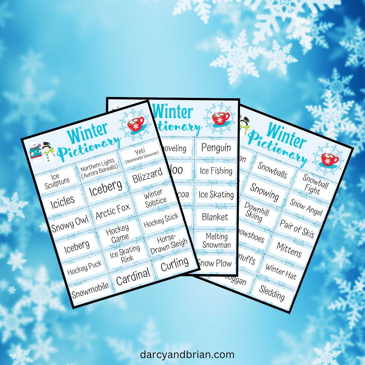 printable winter pictionary word list | fun draw & guess game